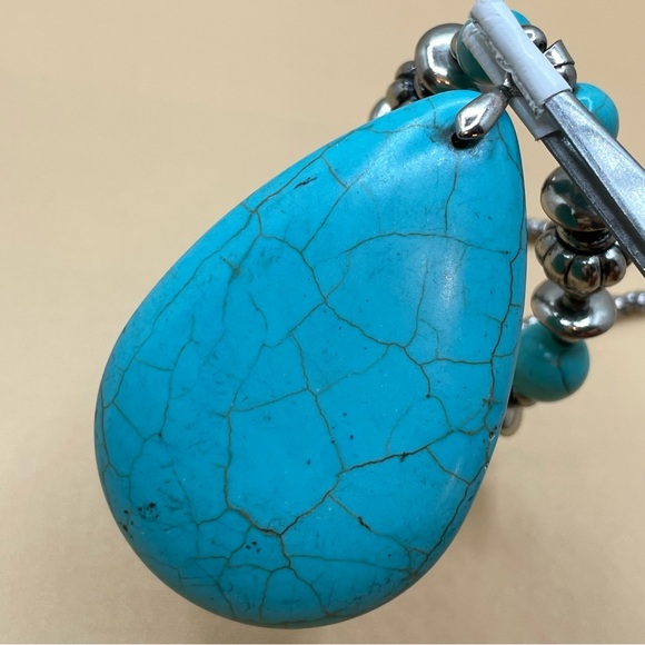 Unsigned Silver Tone Long Snake Chain Faux Turquoise Southwestern Necklace - Picture 2 of 8